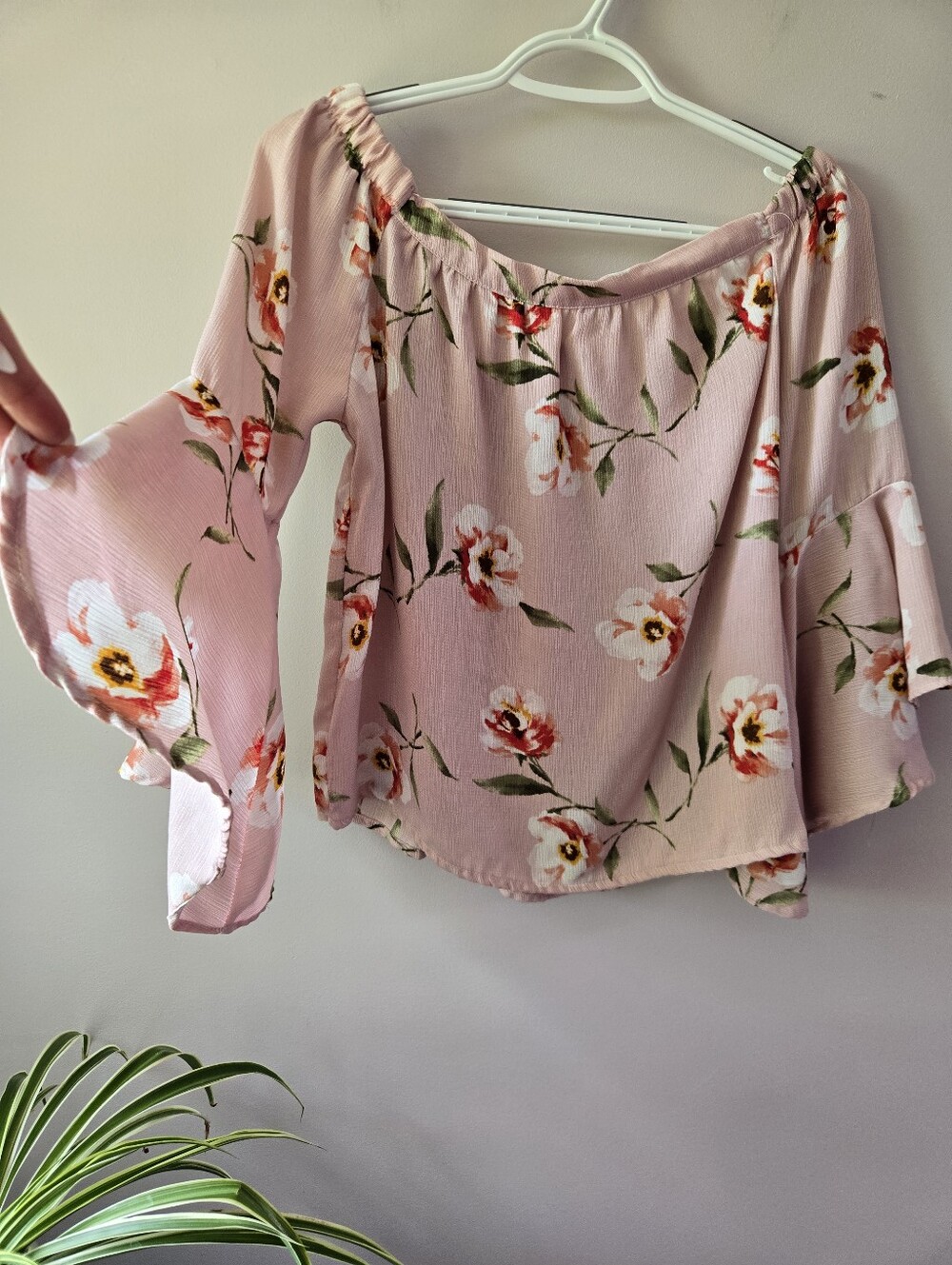 Haute Monde Floral Off The Shoulder Top Bell Sleeve Boho Pink Medium